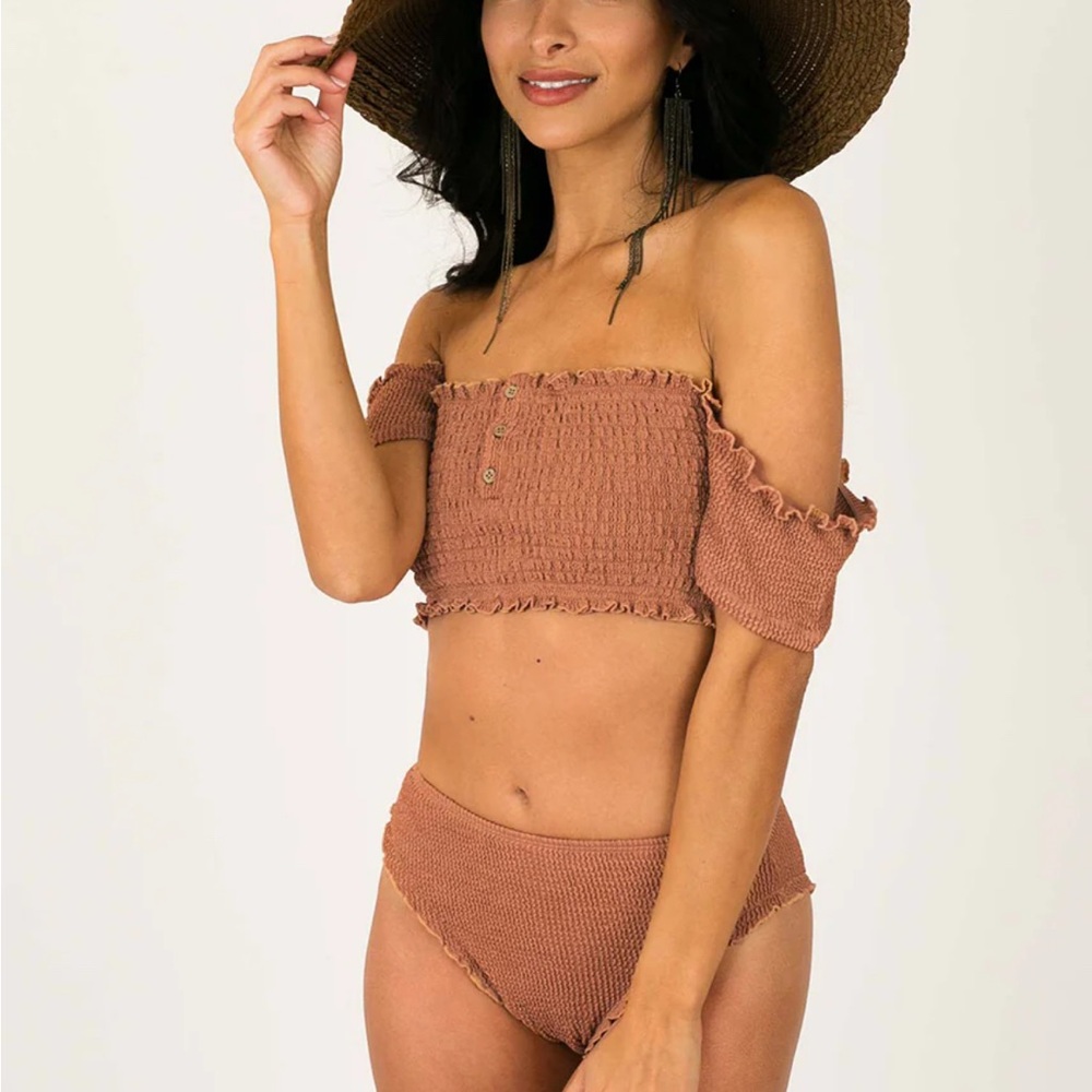 Joyfolie Brown Off-Shoulder Bikini Set